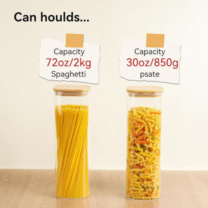 Glass Spaghetti Pasta Storage Container - 3 Pack 2.5 QT Airtight Food Storage Jar Set with Bamboo Lid Labels -Tall Square Kitchen Pantry Canister Organizers for Noodle Cookies Flour Cereal Coffee Bean