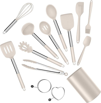E-far Silicone Cooking Utensils Set, 14-Piece Khaki Kitchen Utensils Set with Holder, Kitchen Tools Spatulas with Stainless Steel Handle for Non-stick Cookware, Heat Resistant & Dishwasher safe