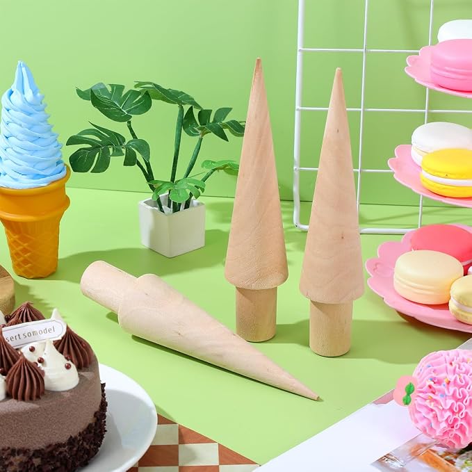 Gatuida 3-Piece Ice Cream Cone Mold Set Multi-Function Wooden Cone Roller for Waffle Cones Egg Rolls and Homemade Desserts Reusable Kitchen Baking Tool 7.08X1.57X1.57In