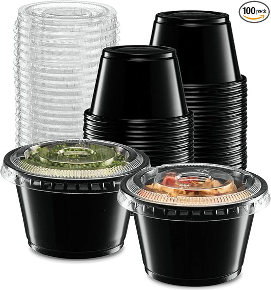 ELEGANT DISPOSABLES (4 oz - 100 Sets) Black Diposable Plastic Portion Cups With Lids, Small Mini Containers For Portion Controll, Jello Shots, Meal Prep, Sauce Cups, Condiments, Medicine, Dressings,