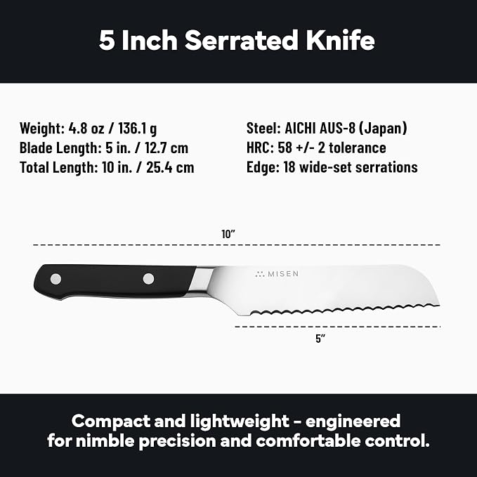 Misen Serrated Bread Knife - High-Carbon Japanese AUS8 Steel - Perfect for Soft Foods, Bread, Pastries, and Fruits - Verstatile Slicer, Razor-Sharp Edge, Durable Blade, Ergonomic Handle - 5", Black