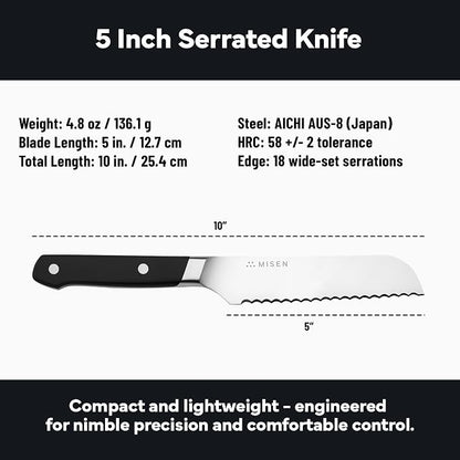 Misen Serrated Bread Knife - High-Carbon Japanese AUS8 Steel - Perfect for Soft Foods, Bread, Pastries, and Fruits - Verstatile Slicer, Razor-Sharp Edge, Durable Blade, Ergonomic Handle - 5", Black