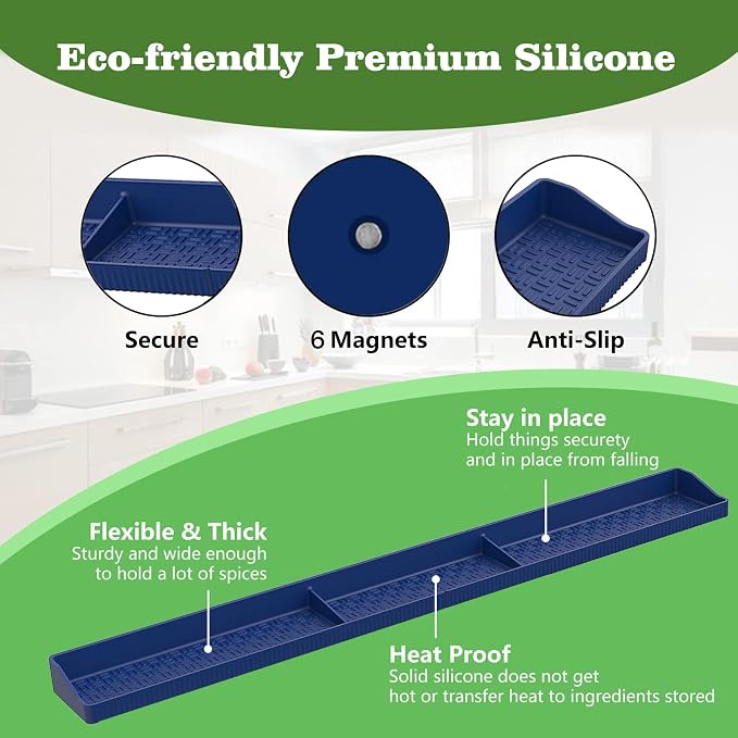 30 Inch Silicone Stove Top Shelf Magnetic for Kitchen, Strong Magnetic Heat Resistant Spice Rack Organizer for Over Stove Oven - (Navy Blue)