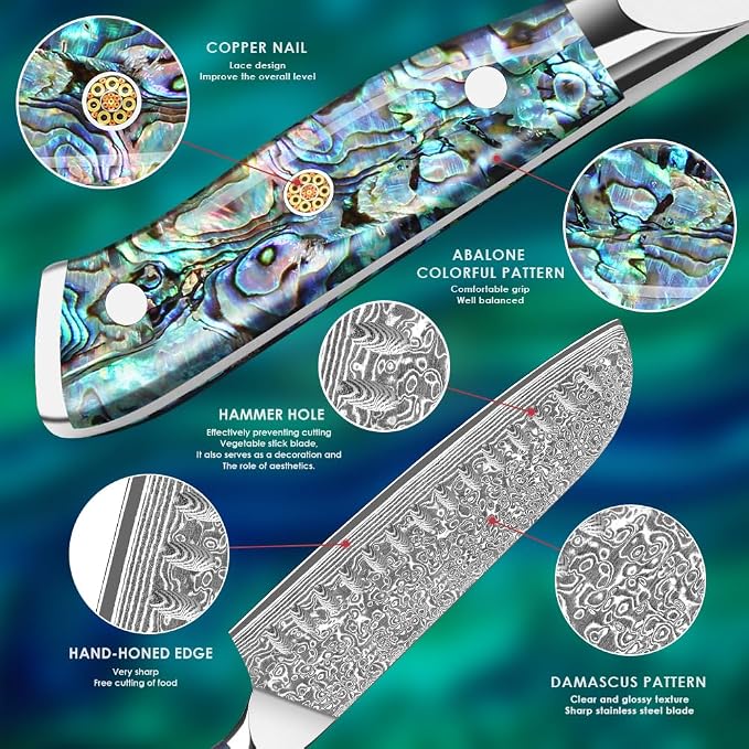 Home Safety Damascus Santoku Knife, 18cm Chef's Knifes Made of 67 Layers of VG-10 Damascus Steel, Full Tang Razor Sharp Kitchen Knife with Ergonomic Abalone Shell Handle, Gift Box