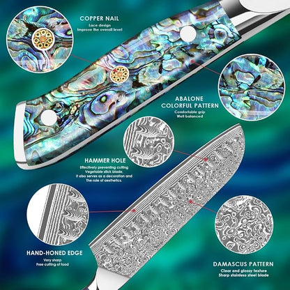 Home Safety Damascus Santoku Knife, 18cm Chef's Knifes Made of 67 Layers of VG-10 Damascus Steel, Full Tang Razor Sharp Kitchen Knife with Ergonomic Abalone Shell Handle, Gift Box