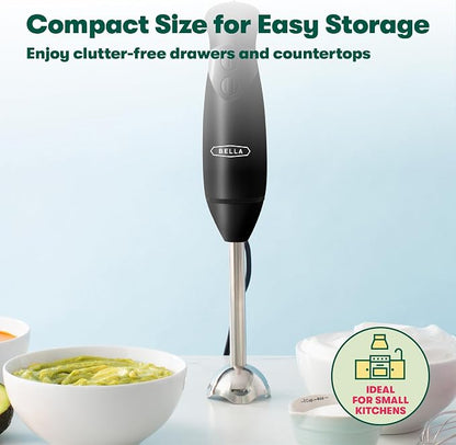 BELLA Immersion Hand Blender, Portable Mixer with Whisk Attachment - Electric Handheld Juicer, Shakes, Baby Food and Smoothie Maker, Stainless Steel, Black