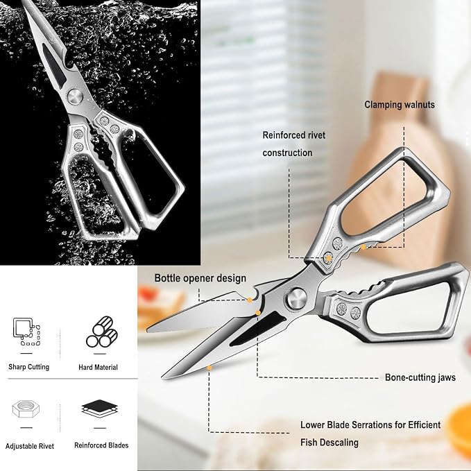 Heavy Duty Kitchen Scissors - 3.0mm Thickened Professional Stainless Steel Blades, All-Purpose Dishwasher Safe Meat & Poultry Shears for Cutting Chicken Bones, Food Prep