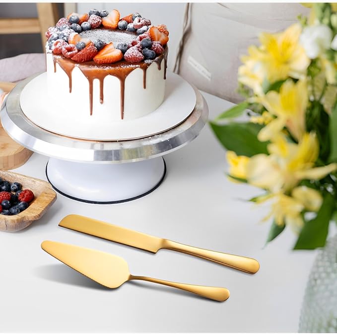 Stainless Steel Cake Knife and Server Set – 2-Piece Wedding Cake Cutting Set with Gift Box – Elegant Pie and Pizza Serving Utensils for Parties, Birthdays, Anniversaries (Gold)