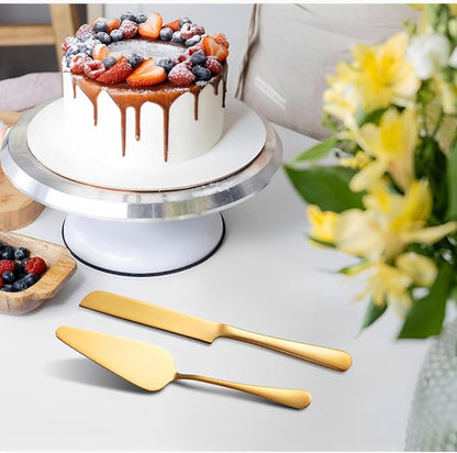 Stainless Steel Cake Knife and Server Set – 2-Piece Wedding Cake Cutting Set with Gift Box – Elegant Pie and Pizza Serving Utensils for Parties, Birthdays, Anniversaries (Gold)