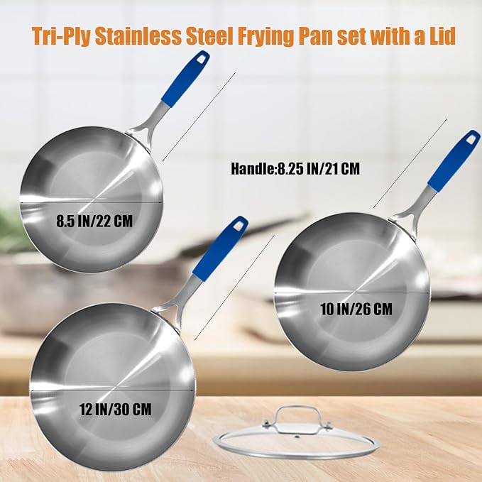 Inqibee 8.5-10-12 Inch Tri-Ply Stainless Steel Frying Pan Set with Lids, Skillets, Induction Chef's Cooking Pans, Pots and Pans Set, Dishwasher Safe and Detachable Handle