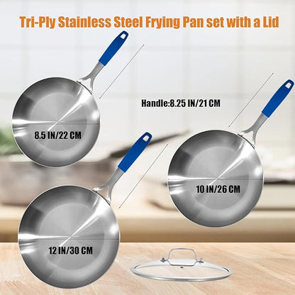Inqibee 8.5-10-12 Inch Tri-Ply Stainless Steel Frying Pan Set with a Lid, Skillets, Chef's Pan, Induction Cooking Pans, Pots and Pans Set, Dishwasher and Detachable Handle