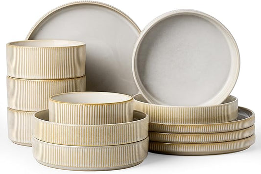Famiware Star 12-Piece Stoneware Dinnerware Set for 4 - Dinner Plates, Pasta Bowls, Cereal Bowls, Dishes for Everyday & Formal Use, Chip/Scratch Resistant, Microwave/Dishwasher Safe, Cappuccino White