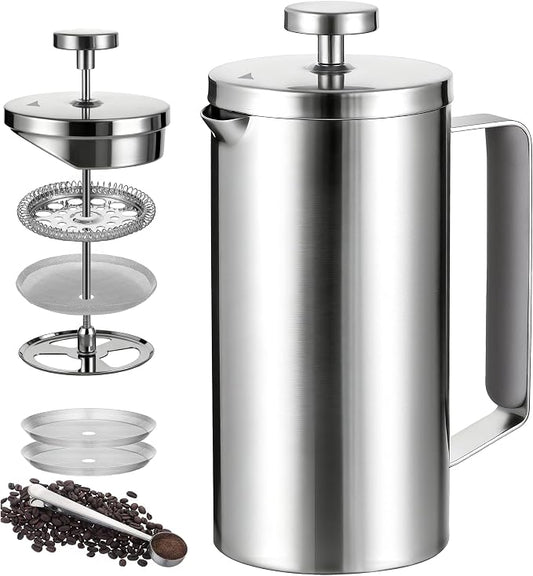 600ml Small French Press Coffee Maker, Double Wall Stainless Steel Coffee Press Pot with Detachable Filter, Cool Touch Insulated Handle, Dishwasher Safe Portable Brewer for Home Camping Travel