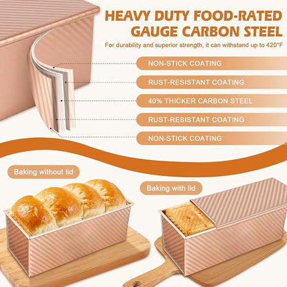 2Pack Large Bread Pan with Lids – 2.2LB Dough Capacity, Non-Stick Carbon Steel Bread Pans for Homemade Sandwich and Sourdough Bread, Corrugated Toast Mold(Gold)