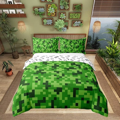 Castle Fairy 100% Cotton Green Pixelated Theme Gamer Bedding Set King Video Games Duvet Cover for Bedroom Decor Cartoon Gamepad Comforter Cover (Not Comforter),3 Pcs