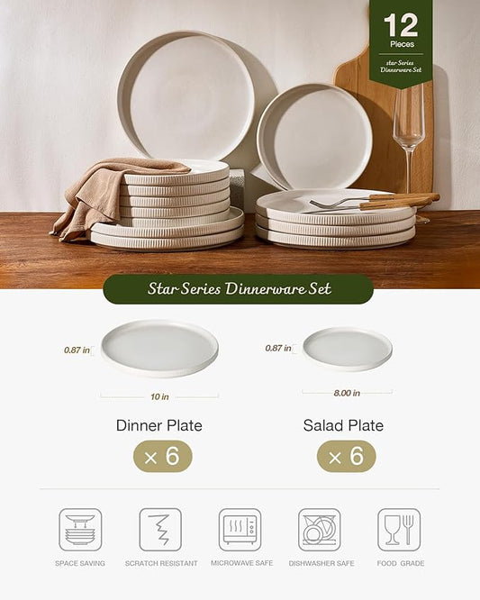 Famiware Star 12-Piece Stoneware Flat Plate Set for 6-10.5" Dinner Plates & 8" Salad Plates, High Edge Dishes Dinnerware Sets, Chip & Scratch Resistant, Microwave & Dishwasher Safe, Matte White