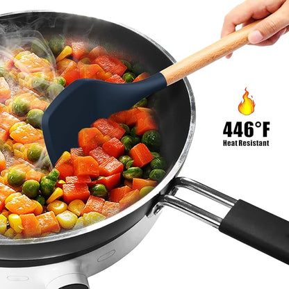 oannao Silicone Cooking Utensils Set - 446°F Heat Resistant Silicone Kitchen Utensils for Cooking,Kitchen Utensil Spatula Set w Wooden Handles, BPA FREE Gadgets for Non-Stick Cookware (Navy Blue)