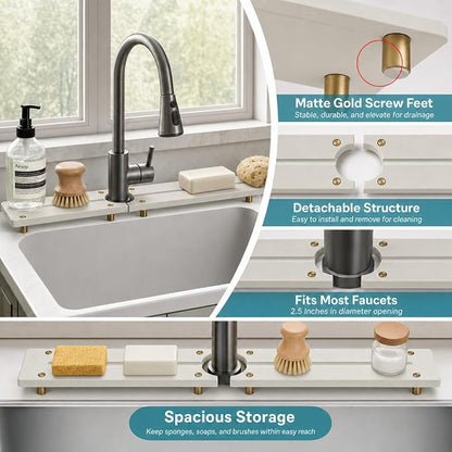 Stone Faucet Mat for Kitchen Sink, Water Absorbing Sink Tray Organizer for Bathroom Counter, Diatomite Soap Dish Coaster Caddy Riser, Sponge Holder Dispenser Mat, Gold Beige, 23.6" x 4"