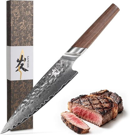 SAMCOOK Chef Knife,8 Inch Professional Sharp Hammered Damascus Knife,Japanese VG-10 High Carbon Stainless Steel Kitchen Gyuto knife,Ergonomic Black Walnut Handle with Premium Gift Box