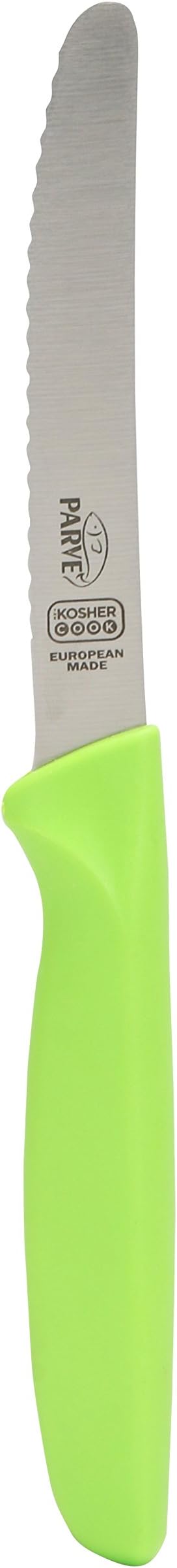 The Kosher Cook Parve Green Kitchen Knife - 4.5” Steak and Vegetable Knife - Razor Sharp Curved Tip, Serrated Edge - Color Coded Kitchen Tools