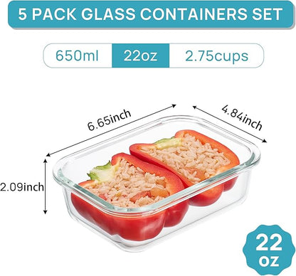 Vtopmart 5Pack 22oz Glass Storage Containers with Lids, Glass Meal Prep Food Container Sets with Snap Airtight Lid for Microwave, Oven, Freezer and Dishwasher, Multicolour