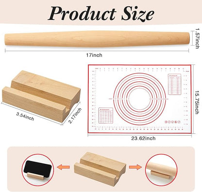 FoldTier Maple French Rolling Pin, Wood Rolling Pins for Baking with Silicone Baking Mat and Wood Base, Christmas Fondant Roller for Pie Crust Cookies Pastry Pizza Dough and Bread