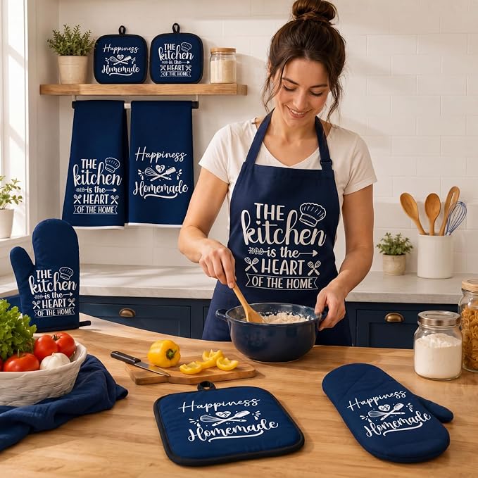 Sratte 6 Pcs Kitchen Decor Accessories Set Farmhouse Towels Pot Holders Oven Mitts Set 2 Dish Towels 2 Potholders 2 Cooking Mittens Oven Glove for Christmas Baking Cooking Supply(Blue,Kitchen)