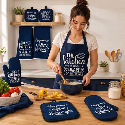 Sratte 6 Pcs Kitchen Decor Accessories Set Farmhouse Towels Pot Holders Oven Mitts Set 2 Dish Towels 2 Potholders 2 Cooking Mittens Oven Glove for Christmas Baking Cooking Supply(Blue,Kitchen)