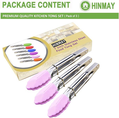 HINMAY 7-Inch Serving Tongs with Silicone Tips, Set of 3 (Pink) | 7-Inch Clam Shell Mini Tongs