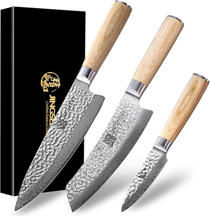 Professional Knife Set - VG-10 67-Layer Damascus Forged Steel, Razor-Sharp Edge Chef Santoku Paring Knifes, Durable Kitchen Cutlery for Home Cooks