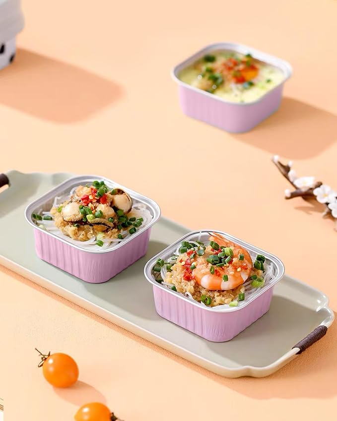 50 Pack 5oz Square Mini Cake Pans with Lids and Spoons,Aluminum Foil Baking Cups,Disposable Mini Loaf Pans Ramekins for Brownie, Cheesecake, Mousse & Wedding Party Favors-Pink