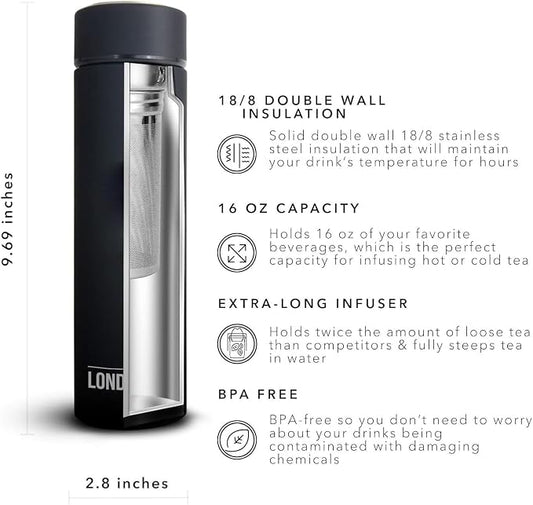 the London Sip Multi-Purpose Travel Mug and Tumbler Fruit Infused Flask Hot and Cold Double Wall Stainless Steel Thermos with Extra-Long Infuser, Zen Black, Pack of 2