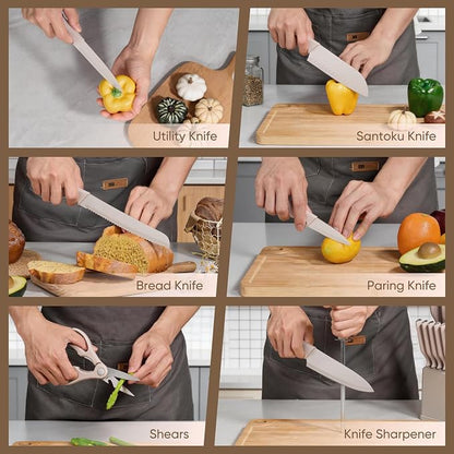 E-far Knife Set, 15-Piece Kitchen Knife Block Set with Sharpener, High Carbon Steel Chef Paring Steak Knives with Ergonomic Non-Slip Handle, Anti-Rust & Razor Sharp, Khaki