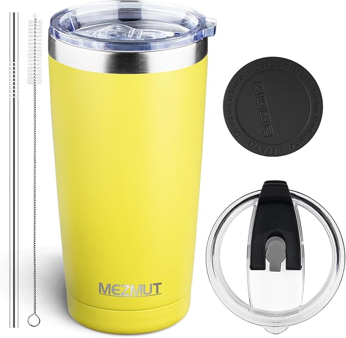 MEZMUT 20oz Tumbler Coffee Travel Mug with Daul Lid and Straw, Stainless Steel Double Wall VacuumSpill Proof Insulated Tumbler, Hot or Iced Coffee Cups for Drinks (1Pack, Light Yellow)