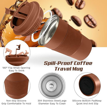 SPLMIFA Vacuum-Insulated Stainless Steel Travel Coffee Mug, Leak-Proof Reusable Coffee Cup with Lid-Keep Hot & Cold Drinks for Hours, Durable Insulated Tumbler for Men & Women(3rd-Light Coffee, 12OZ)