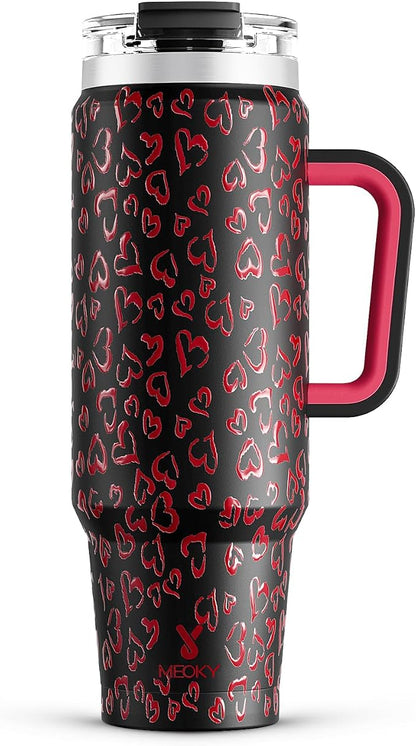 Meoky 40 oz Tumbler with Handle and Straw, Insulated Tumbler with Lid and Straw, Stainless Steel Travel Mug, Keeps Cold for 34 Hours, 100% Leak Proof, Fits in Car Cup Holder (Heart)
