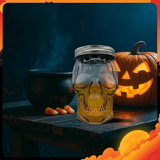 DURA LIVING Set of 2 Skull Mason Jar Glasses with Lids | 42oz Reusable Halloween Drinking Glasses | Unique Skull Décor, Storage, & Canning Jars for Parties & Gifts