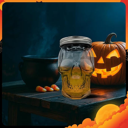 DURA LIVING Set of 2 Skull Mason Jar Glasses with Lids | 42oz Reusable Halloween Drinking Glasses | Unique Skull Décor, Storage, & Canning Jars for Parties & Gifts