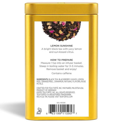 Tea Forte Lemon Sunshine Premium Loose Leaf Caffeinated Black Tea Blend Canister, Makes 35-50 Cups
