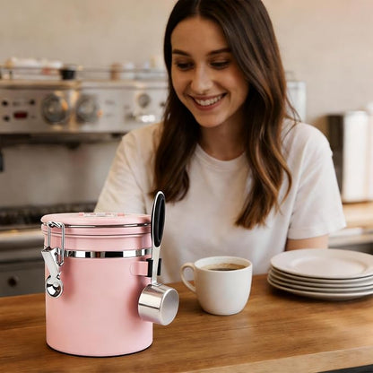 ShanSon Coffee Canister Airtight, Stainless Steel Bean Storage Container with Date Tracker & Scoop, Grounds Sugar Flour Tea Cereal Fits Kitchen Pantry, Ideal Gift for Coffee Lovers,22oz, Pink