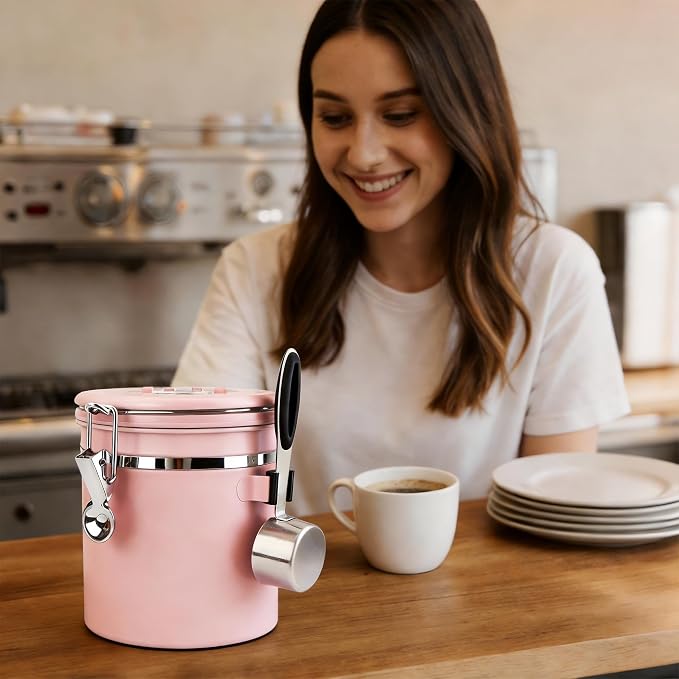 ShanSon Coffee Canister Airtight, Stainless Steel Bean Storage Container with Date Tracker & Scoop, Grounds Sugar Flour Tea Cereal Fits Kitchen Pantry, Ideal Gift for Coffee Lovers,16oz, Pink