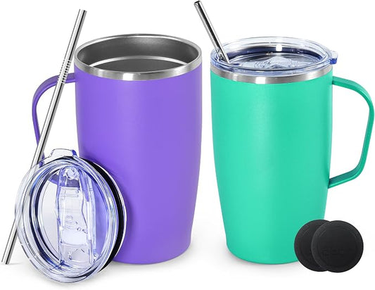 2Pack Stainless Steel Insulated Bottle, 16oz Tumblers with Handle, Double Wall Vacuum Travel Coffee Mug with Handle for Working Travel Driving, Purple&Green