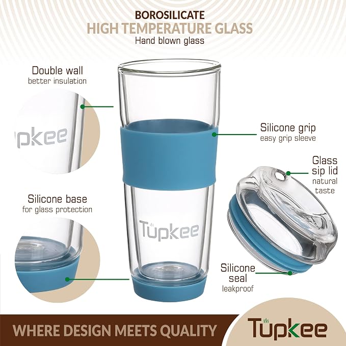 Double Wall Glass Tumbler - 14-Ounce, All Glass Reusable Insulated Tea/Coffee Mug & Lid, Hand Blown Travel Mug - Niagara