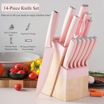 Pink Knife Set with Wood Block, 14-Piece Aesthetic Kitchen Knife Sets for Women,Non Rust Sharp Stainless Steel Knives With Sharpener,Gifts for Modern Kitchen Decor