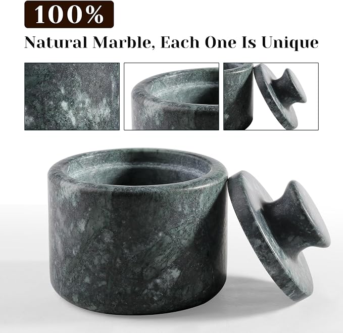 Koville Indian Green Marble Salt Cellar with Lid 3.5", Stone Pepper Container & Spice Jars for Kitchen, Marble Salt and Pepper Holder, Stone Storage Box for Kitchen Counter, Spice Jar