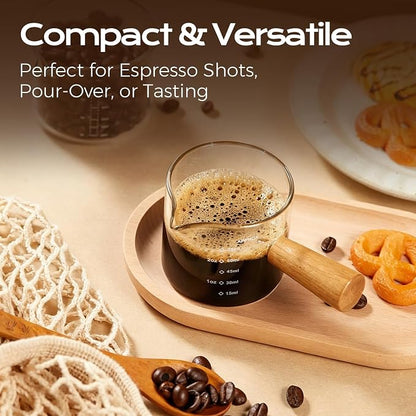 YARRAMATE 2.5 oz/75ML Espresso Shots Cup with Wooden Handle, Clear Glass Demitasse Cup with Dual Scale Markings for Coffee Extraction (2 Pack, Single Spout)