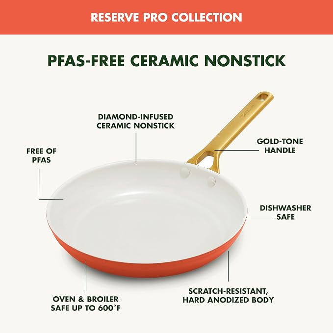GreenPan Nonstick Reserve Pro 8" Frying Pan, NSF Certified Ceramic, Hard Anodized PFAS-Free Skillet, Stainless Steel Handles, Oven & Dishwasher Safe, Harvest Orange