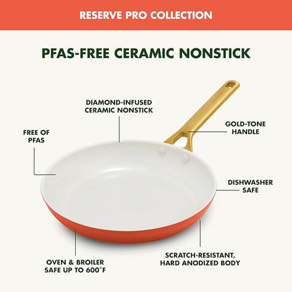 GreenPan Nonstick Reserve Pro 8" Frying Pan, NSF Certified Ceramic, Hard Anodized PFAS-Free Skillet, Stainless Steel Handles, Oven & Dishwasher Safe, Harvest Orange
