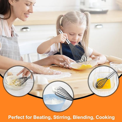 HOTEC 4 Pieces Silicone Whisks Set, Wire Balloon Whisks for cooking Egg Beater, Non-slip Handle Whisk for Non-stick Cookware Perfect for Cooking, Stirring, Beating and Blending,Black