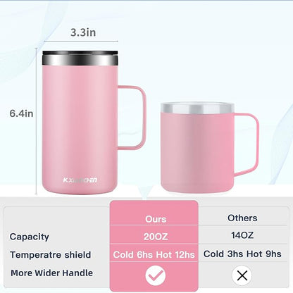 KXIAOCHEN 20oz Insulated Coffee Mug with Lid, Stainless Steel Coffee Cup, Double Wall Vacuum Coffee Tumbler with Handle, Premium Thermal Travel Coffee Mug (Pink)